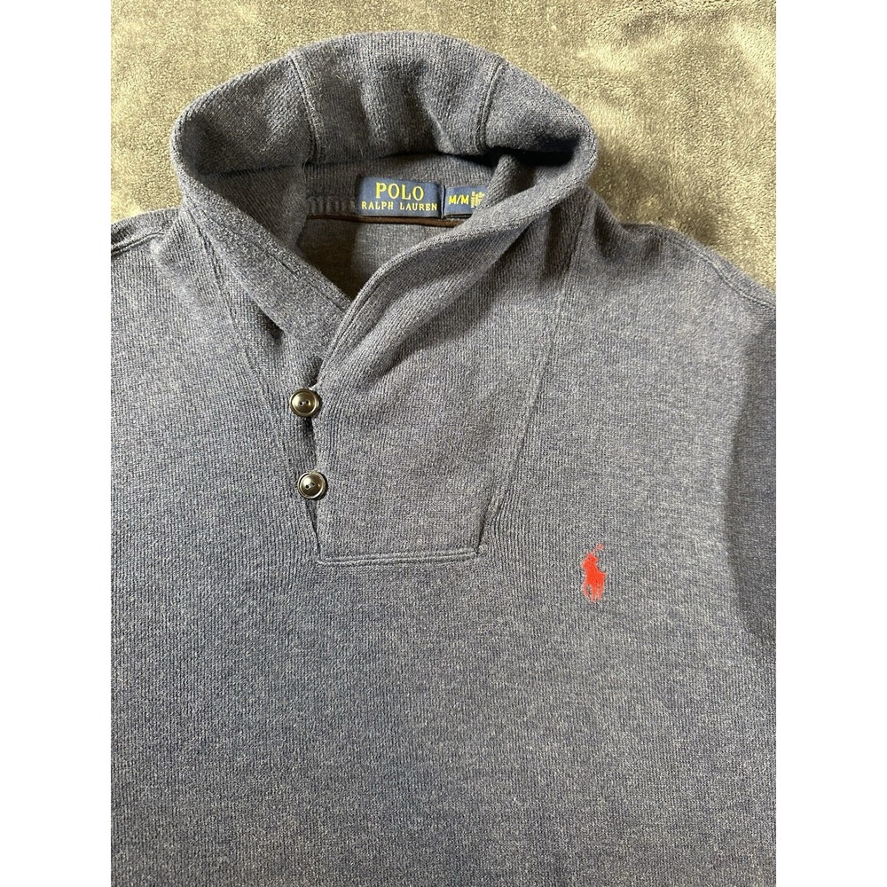 POLO Ralph Lauren Sweater Mens Gray Large 100% Cotton 2 Button Collar Neck